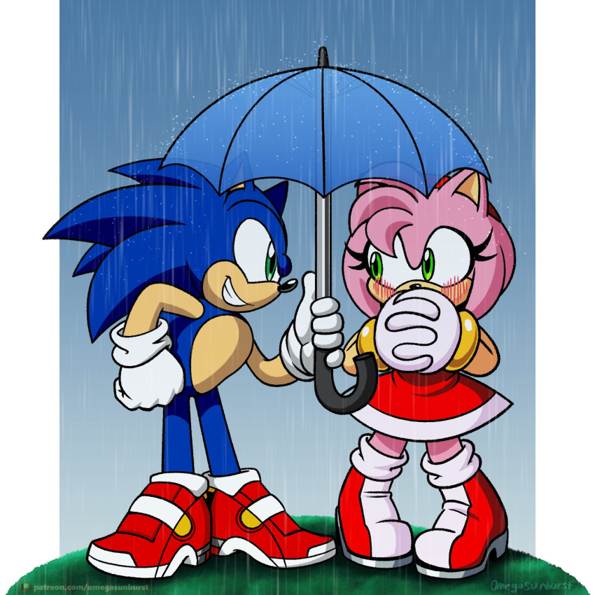 1boy, 1girl, amy_rose, artist_name, blush, commentary, covering_own_mouth, english_commentary