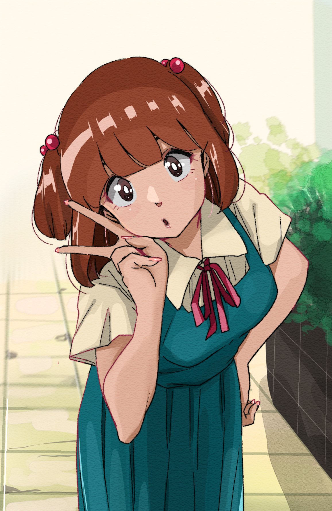 breasts, brown_eyes, brown_hair, hand_against_hip, hedge, highres, long_skirt, maison_ikkoku, medium_breasts, medium_hair, parted_lips, path, poppowerhearts, skirt, stone_walkway, v, yagami_ibuki