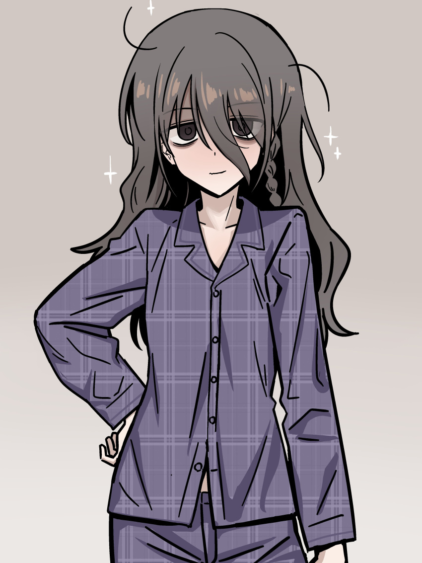 1girl, absurdres, aozora_kyoka, black_eyes, borrowed_character, braid, grey_background, grey_hair, hair_between_eyes, hands_on_own_hips, highres, long_hair, messy_hair, nankyoku_(gfey8832), original, pajamas, plaid_clothes, plaid_pajamas, simple_background, single_braid, sparkle