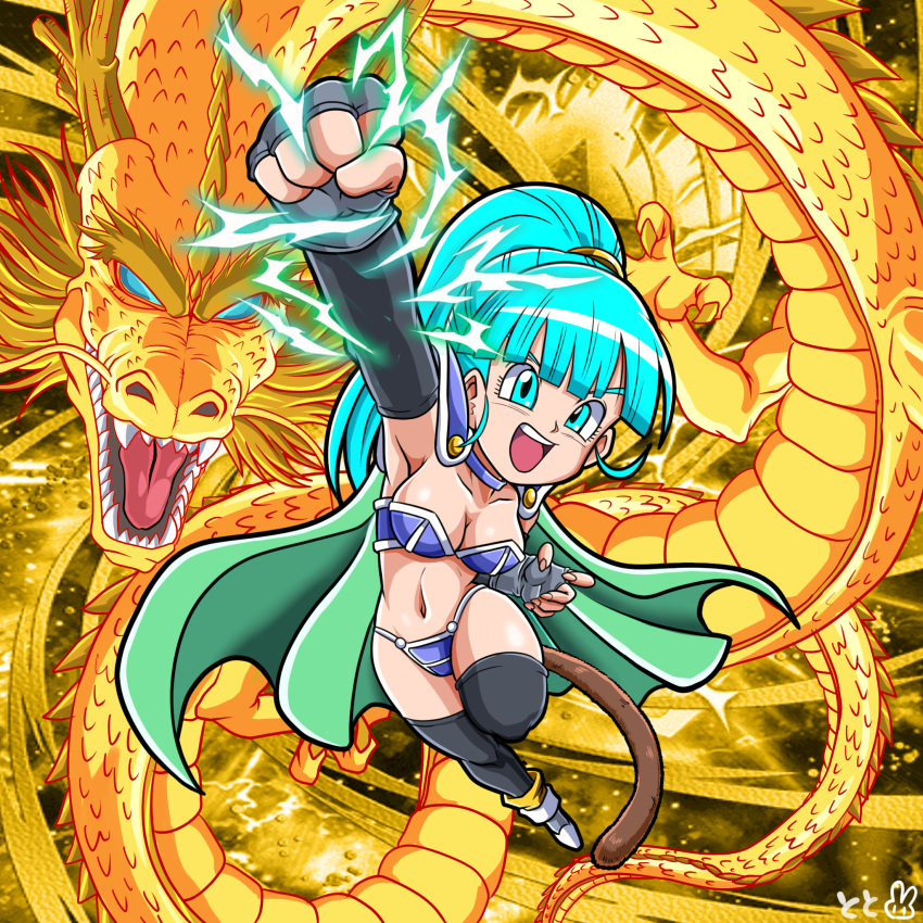 armor, bikini_armor, blue_eyes, blue_hair, breasts, cape, dragon, dragon_ball, dragon_ball_z, dragon_fist_(dragon_ball), electricity, golden_dragon, green_cape, highres, large_breasts, looking_at_viewer, monkey_tail, nazca_(rapid-rabbit's), ponytail, shenron_(dragon_ball), shoulder_armor, smile, sparks, tail, thigh-highs
