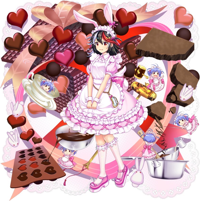 6+girls, alternate_costume, animal_ears, antenna_hair, apron, black_hair, candy, chain