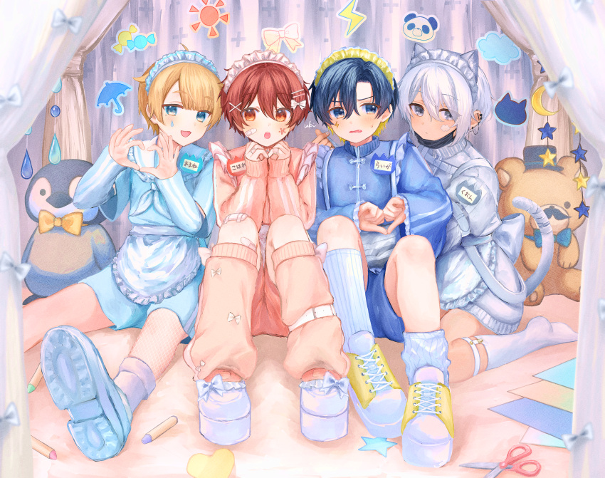 4boys, :/, :d, :o, absurdres, apron, averting_eyes, bandaid