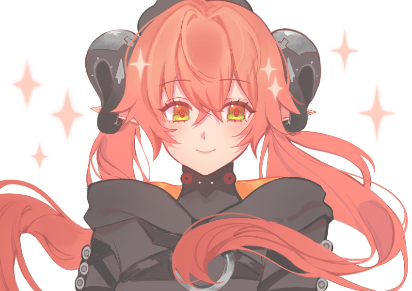 1girl, black_horns, green_eyes, hair_between_eyes, highres, horns, long_hair, looking_to_the_side