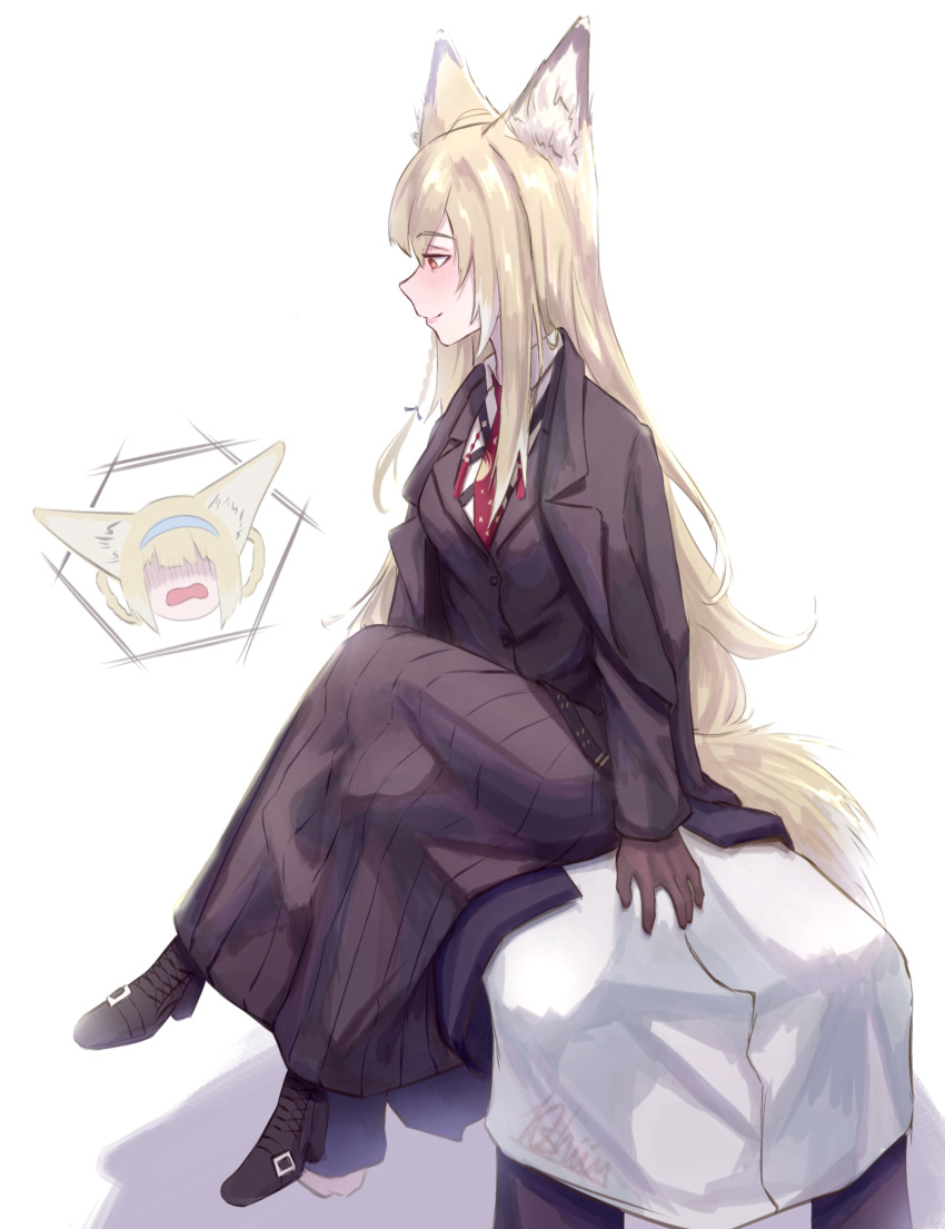 10_shii, 1other, 2girls, absurdres, animal_ear_fluff, animal_ears, apron, arknights
