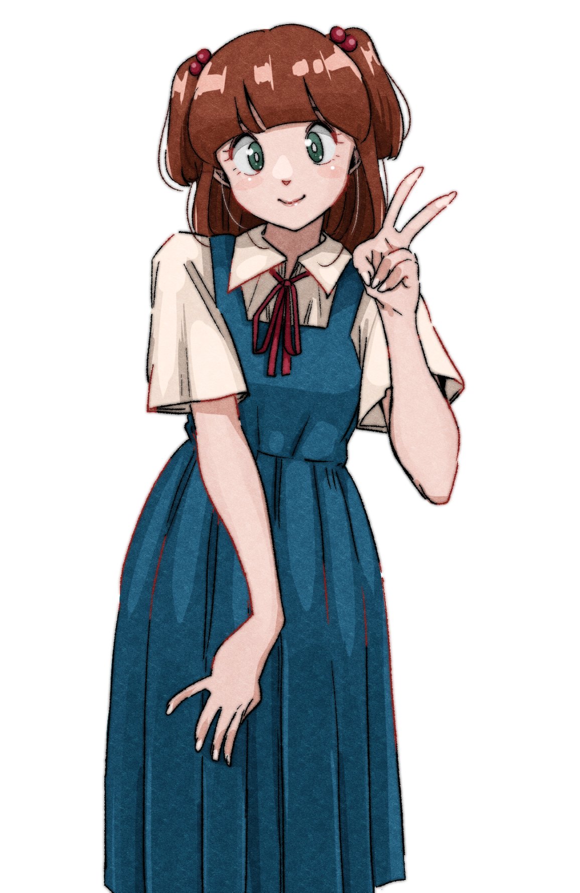 blush, brown_eyes, brown_hair, hand_on_skirt, highres, maison_ikkoku, poppowerhearts, sailor, sailor_collar, short_twintails, simple_background, twintails, v, white_background, yagami_ibuki
