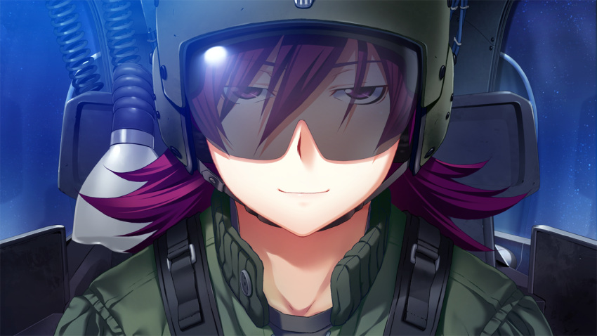 1girl, closed_mouth, cockpit, flight_suit, fumio_(ura_fmo), game_cg, green_helmet, green_jumpsuit