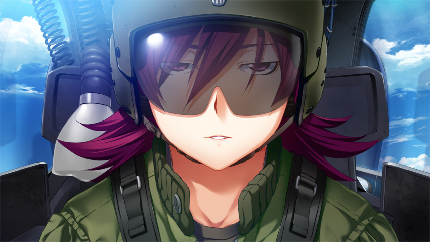 1girl, clouds, cockpit, day, flight_suit, fumio_(ura_fmo), game_cg, green_helmet