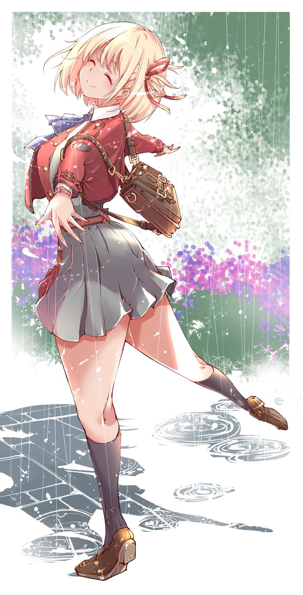 1girl, black_socks, blonde_hair, border, brown_bag, brown_shoes, closed_eyes, closed_mouth