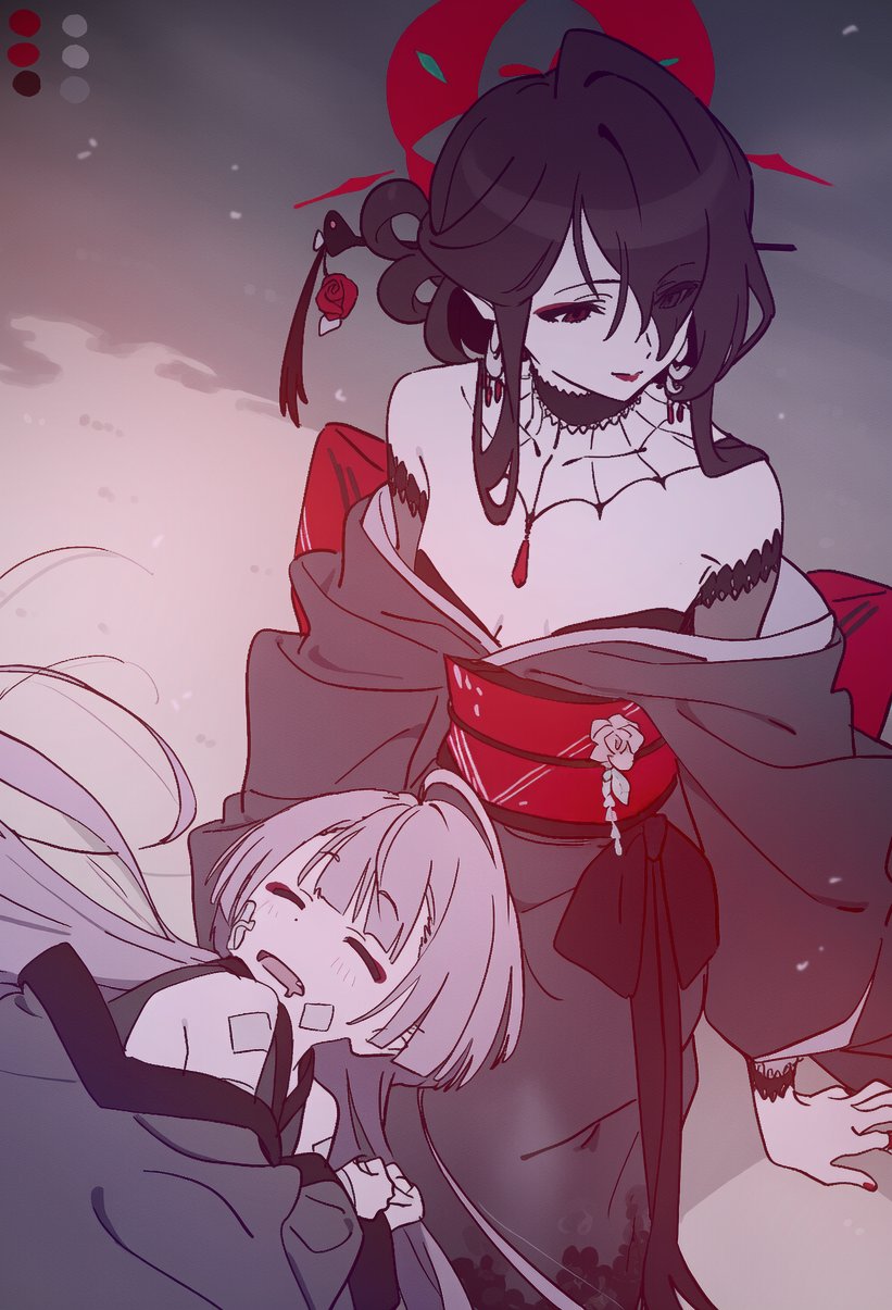 2girls, bandaged_arm, bandages, black_hair, blue_archive, breasts, gauze, goth_fashion