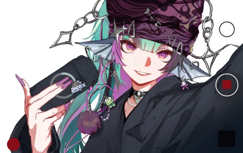 1girl, aqua_hair, beanie, black_hair, character_sticker, choker, fake_phone_screenshot, fake_screenshot