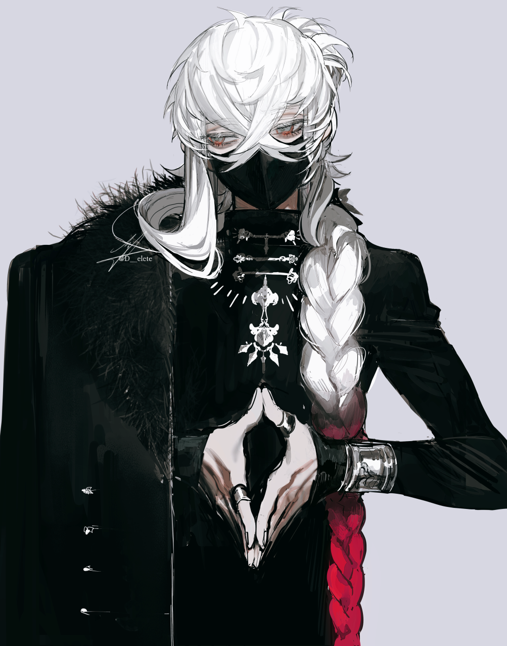 1boy, artist_name, asclepius_(fate), au_(d_elete), black_mask, braid, crossed_bangs, fate/grand_order, fate_(series), fingernails, grey_background, grey_eyes, grey_hair, highres, jewelry, long_hair, looking_to_the_side, male_focus, mask, mouth_mask, own_hands_together, ring, sidelocks, signature, simple_background, solo, standing, upper_body