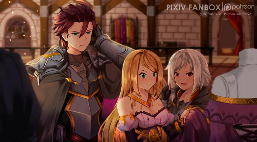 1boy, 2girls, armor, blonde_hair, breasts, chelle_(dragalia_lost), detached_sleeves, dragalia_lost