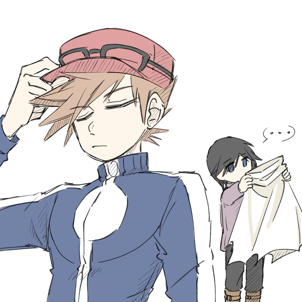 2boys, blue_oak, blue_oak_(cosplay), calem_(pokemon), calem_(pokemon)_(cosplay), cloak, cosplay, costume_switch