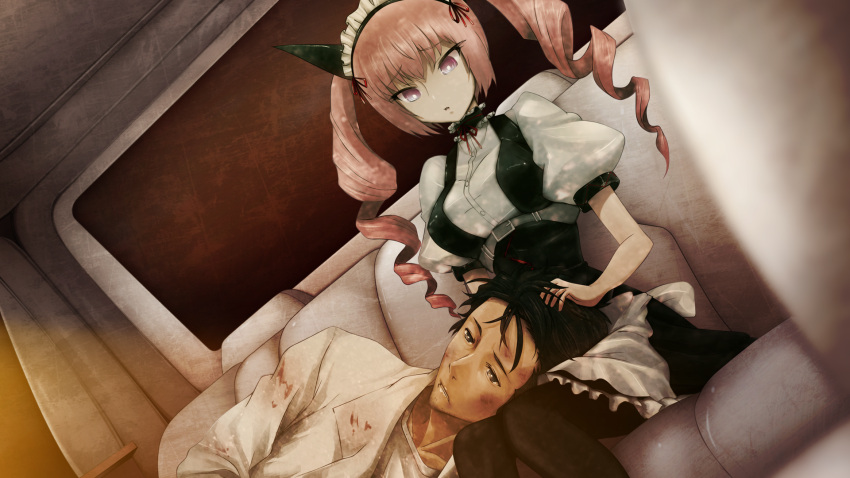 1boy, 1girl, akiha_rumiho, animal_ears, apron, back_bow, beard_stubble, belt_around_waist, belt_buckle, black_pantyhose, black_skirt, blood, blood_on_clothes, blurry, blurry_foreground, bow, breasts, buckle, buttons, car, car_interior, cat_ears, coat, collar, collarbone, crossed_bangs, dirty, dirty_face, dress, drill_hair, dutch_angle, facial_hair, fake_animal_ears, frilled_collar, frilled_dress, frilled_hairband, frilled_skirt, frills, game_cg, hair_between_eyes, hairband, hand_on_another's_head, highres, huke, injury, knees_together_feet_apart, lab_coat, lap_pillow, lapels, limousine, limousine_interior, long_hair, long_skirt, looking_at_another, looking_down, lying, lying_on_lap, lying_on_person, maid, maid_apron, maid_headdress, mayqueen_maid_uniform, medium_breasts, messy_hair, motor_vehicle, narrowed_eyes, non-web_source, notched_lapels, official_art, okabe_rintarou, on_side, pantyhose, parted_lips, pink_eyes, pink_hair, pink_lips, puffy_short_sleeves, puffy_sleeves, red_ribbon, ribbon, ribbon-trimmed_collar, ribbon-trimmed_corset, ribbon-trimmed_hairband, ribbon-trimmed_sleeves, ribbon_trim, ringed_eyes, shiny_lips, shirt, short_hair, short_sleeves, sitting, skirt, square_pupils, steins;gate, stubble, sunset, surprised, t-shirt, teeth, tsurime, twin_drills, twintails, white_apron, white_bow, white_coat, white_dress, white_shirt, worried, wrist_cuffs