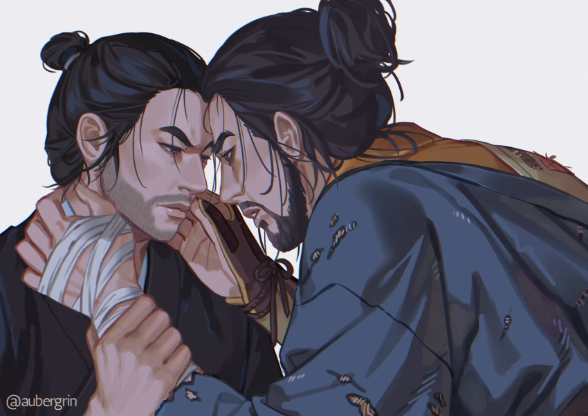 2boys, aubergrin, bandaged_hand, bandages, beard, black_hair, black_kimono, blue_kimono