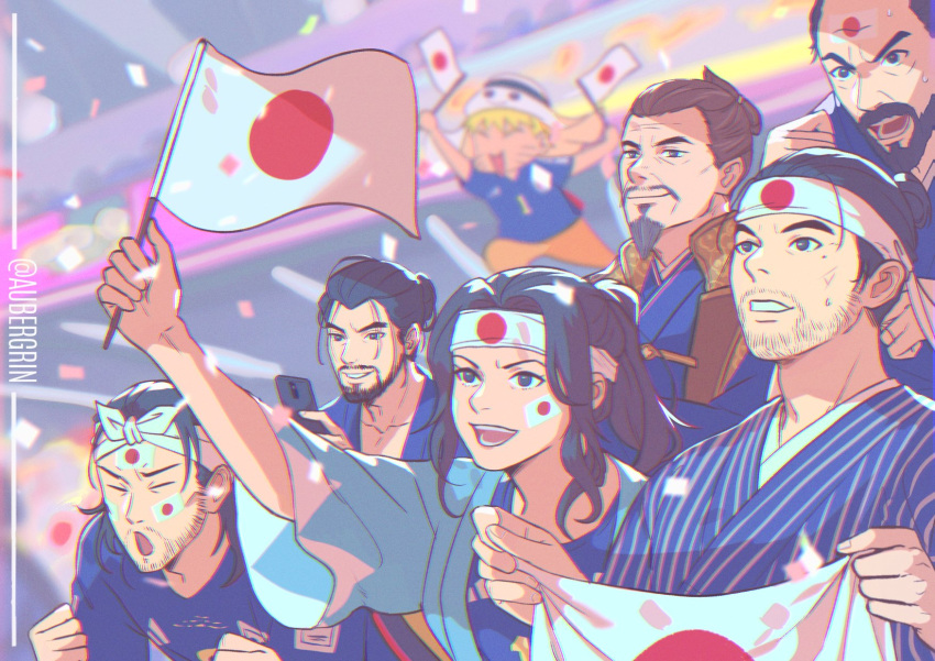 >_<, 1girl, 6+boys, :d, ^_^, aqua_kimono, aubergrin, beard