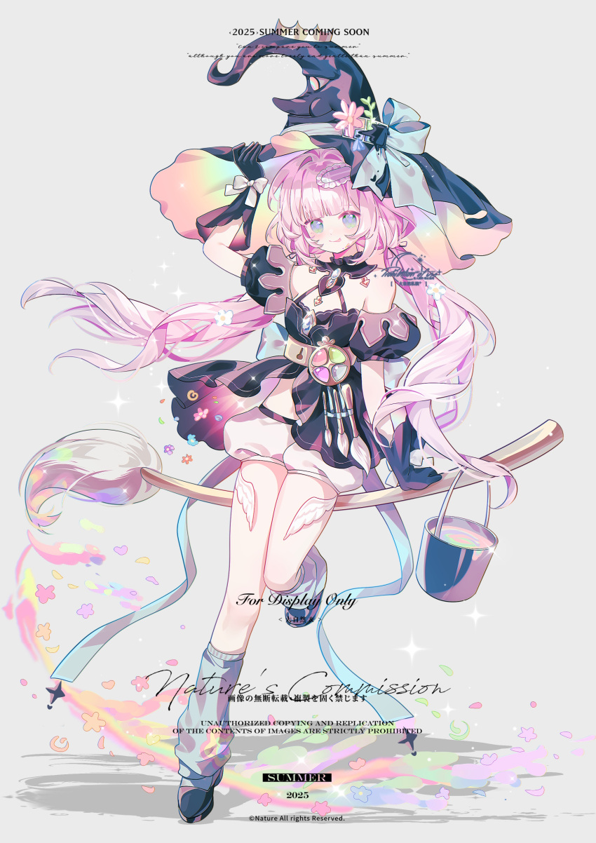 1girl, absurdres, black_dress, black_gloves, blue_eyes, breasts, broom, daziran_ran_ran, dress, english_text, flower, full_body, gloves, hat, highres, long_hair, looking_at_viewer, original, pink_hair, puffy_sleeves, smile, socks, solo, twintails, very_long_hair, witch, witch_hat