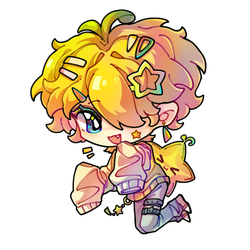 >_<, 1boy, :3, :d, antenna_hair, baggy_clothes, belt, blonde_hair