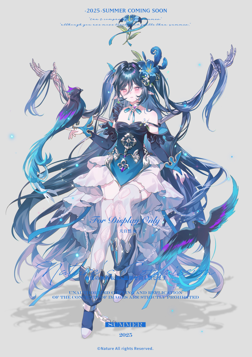 1girl, absurdres, bare_shoulders, bird, black_hair, blue_flower, blue_hair, blush
