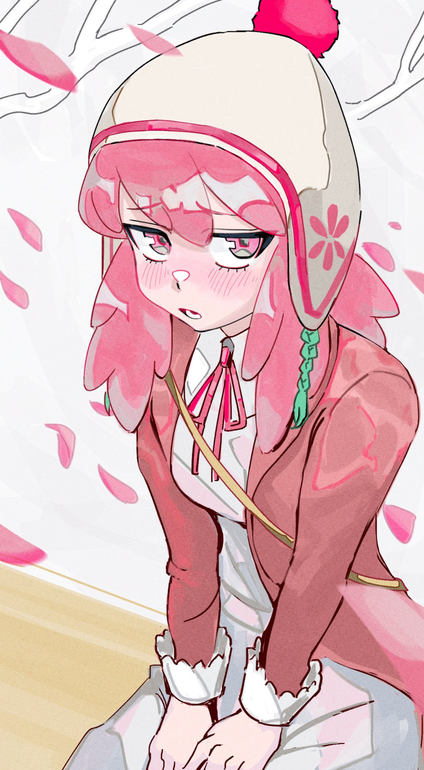1girl, blush, boku_no_hero_academia, cherry_blossoms, commentary, dress, english_commentary, haneyama_kazuho