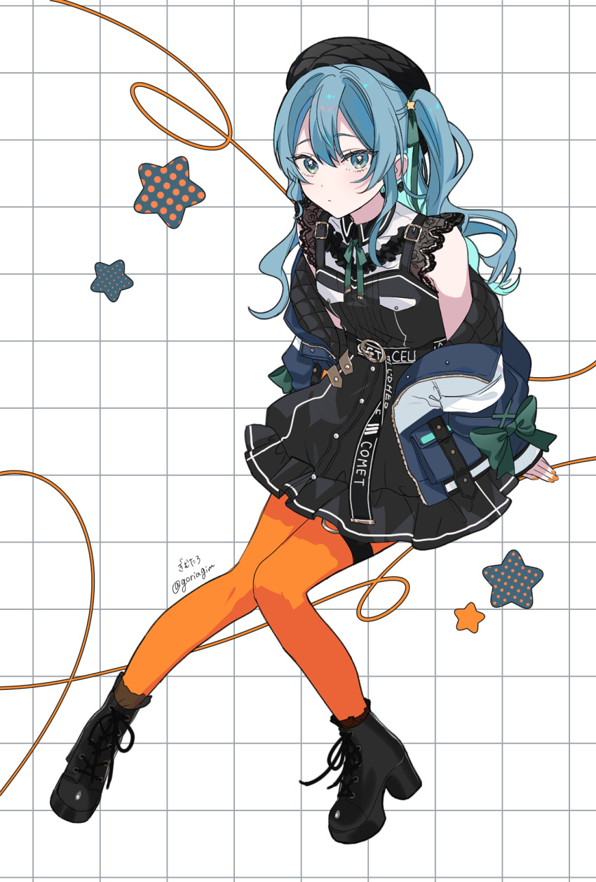 1girl, aqua_eyes, aqua_hair, artist_name, belt, beret, black_boots, black_dress