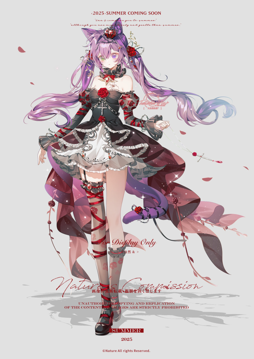 1girl, absurdres, animal_ear_fluff, animal_ears, asymmetrical_legwear, bare_shoulders, bow, breasts, cat_ears, cat_girl, cat_tail, daziran_ran_ran, detached_sleeves, dress, english_text, flower, full_body, green_eyes, grey_background, hair_flower, hair_ornament, highres, legwear_garter, lolita_fashion, long_hair, looking_at_viewer, original, purple_hair, red_flower, red_rose, ribbon, rose, socks, solo, standing, tail, tail_ornament, thigh-highs, twintails