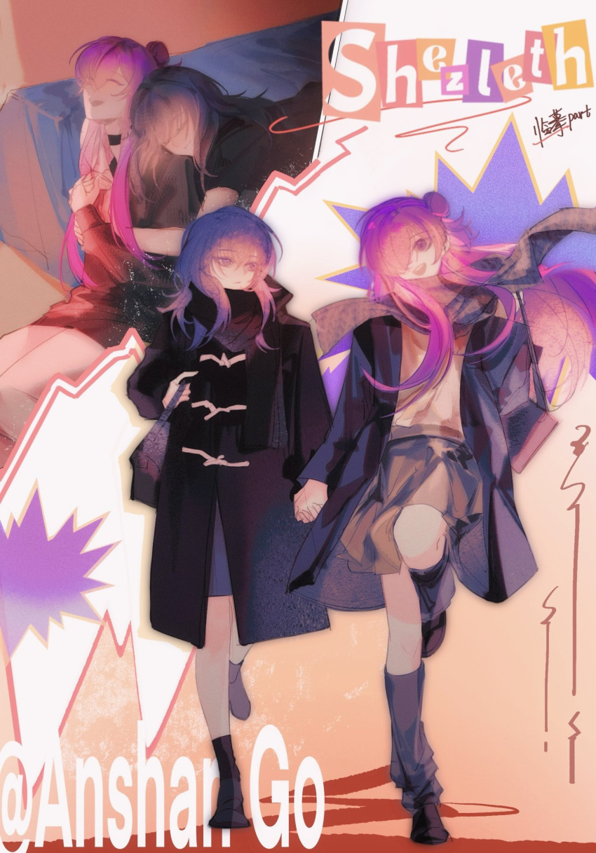 2girls, alternate_costume, anshango, artist_name, black_choker, blue_hair, choker, closed_eyes