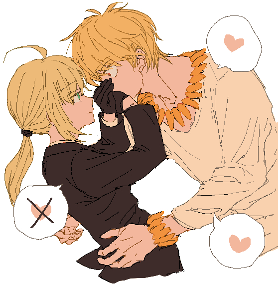 1boy, 1girl, ahoge, artoria_pendragon_(fate), black_gloves, black_suit, blonde_hair, bracelet