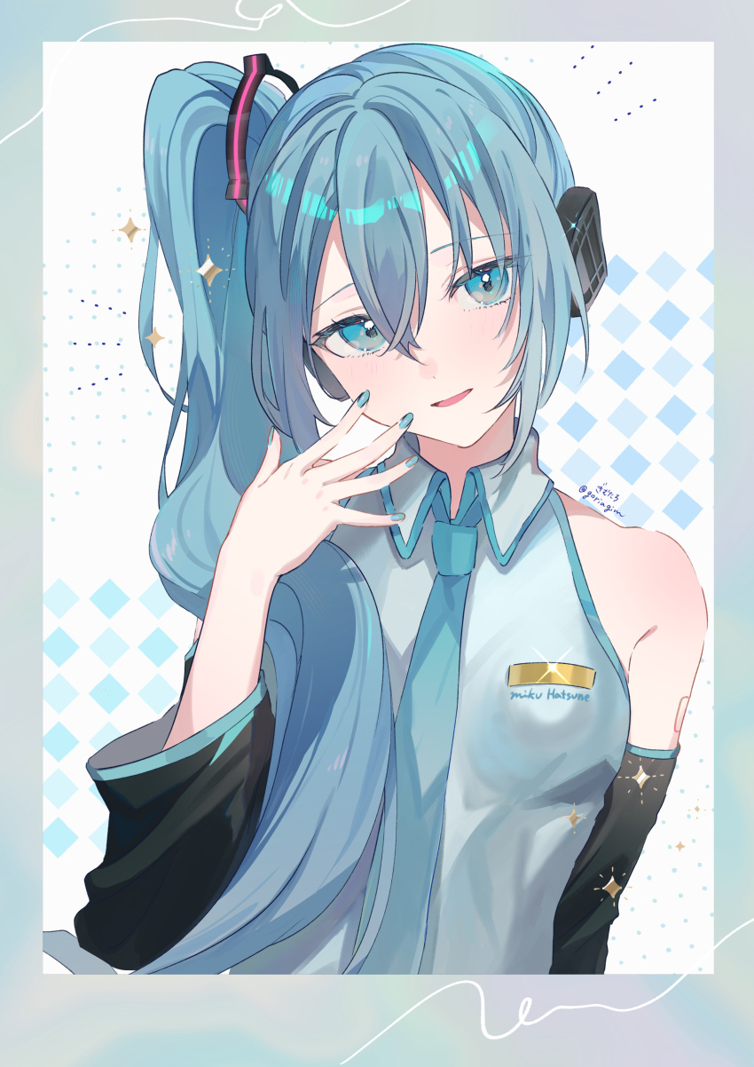 1girl, absurdres, aqua_eyes, aqua_necktie, arm_at_side, artist_name, bare_shoulders, blue_hair