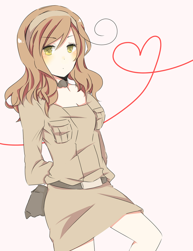 ahoge, arms_behind_back, axis_powers_hetalia, bangs, belt, blush, brown_hair, choker