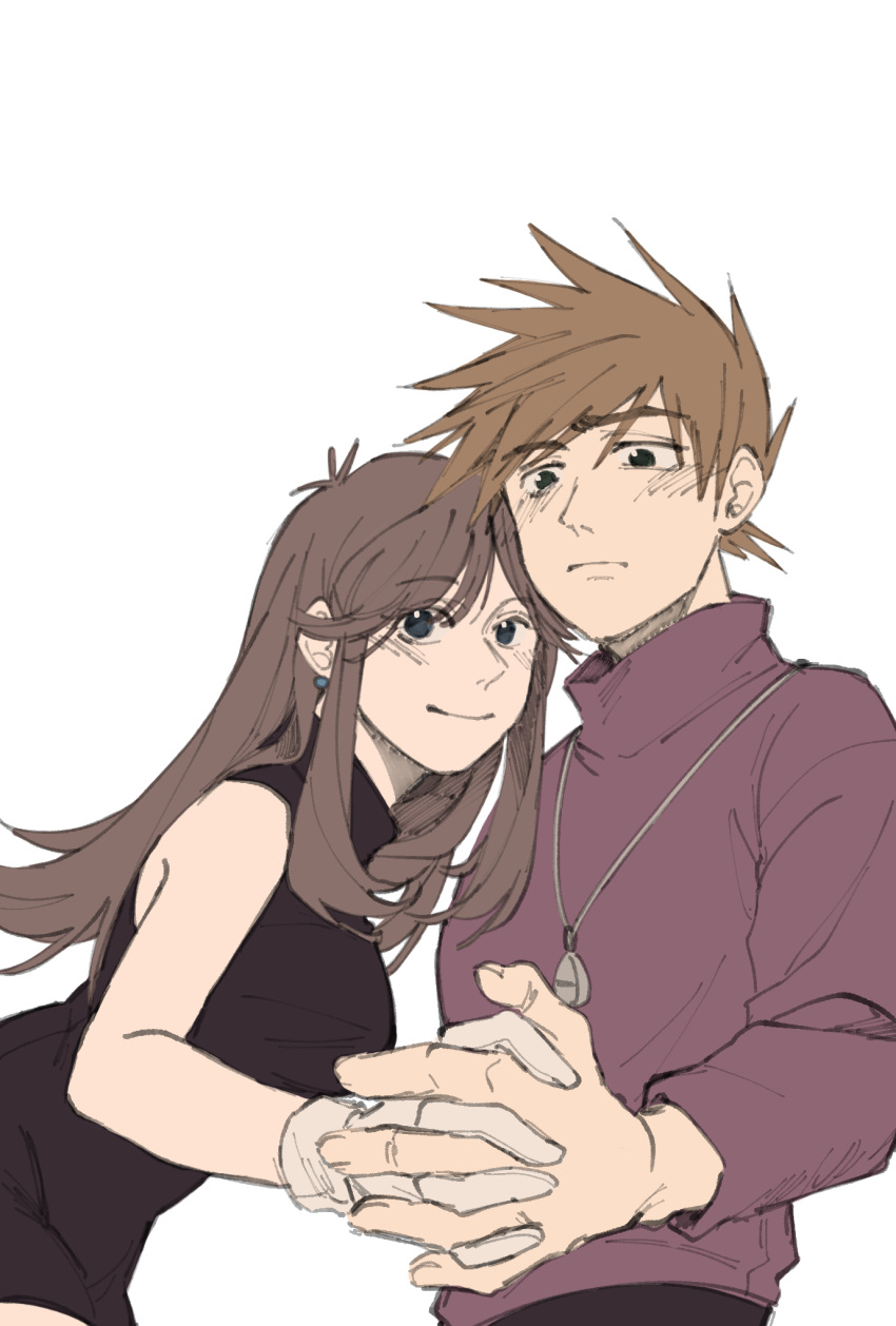 1boy, 1girl, black_dress, blue_oak, brown_hair, couple, dress, gloves