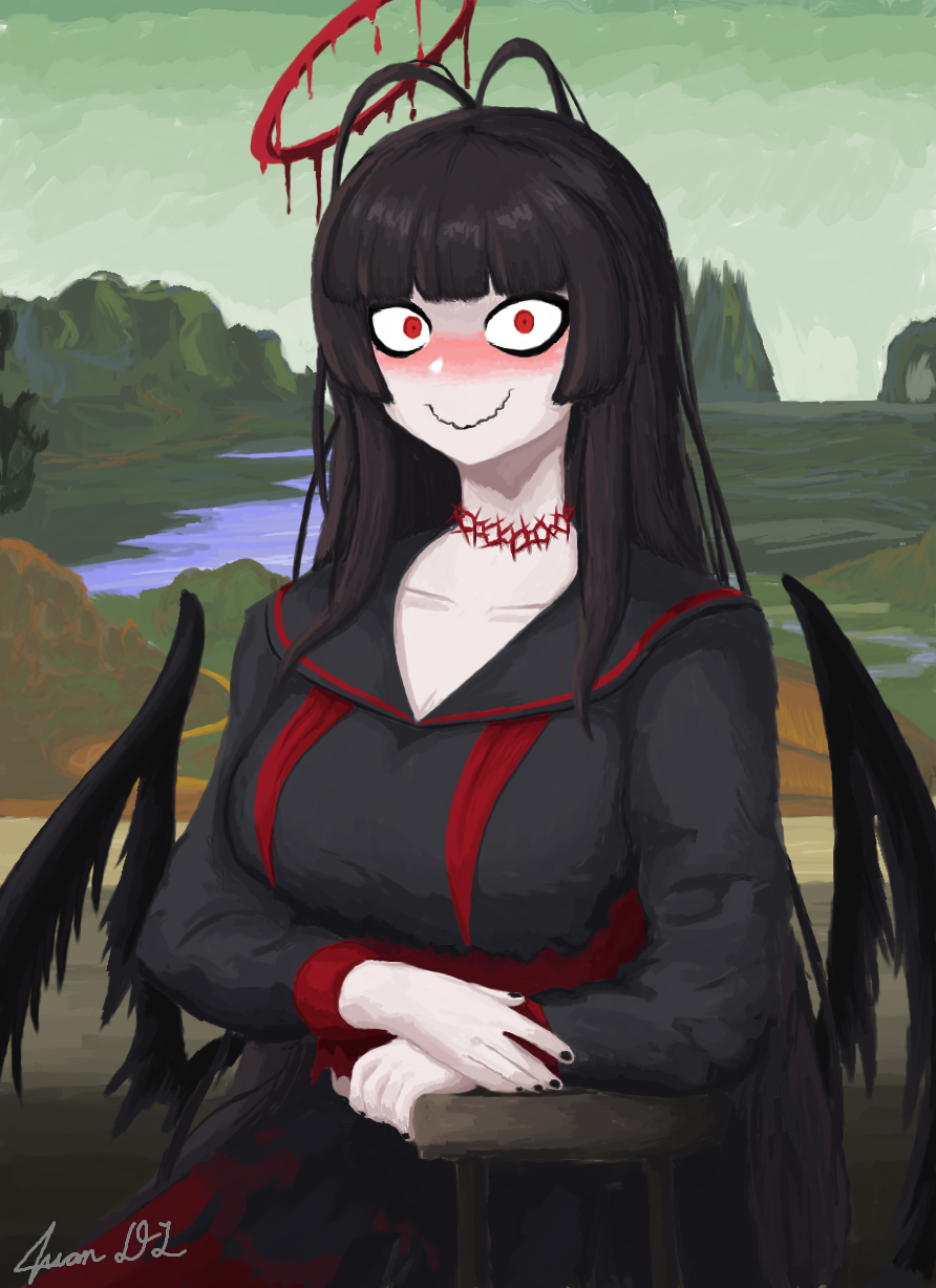 1girl, antenna_hair, black_hair, black_nails, black_serafuku, black_wings, blood, blood_halo