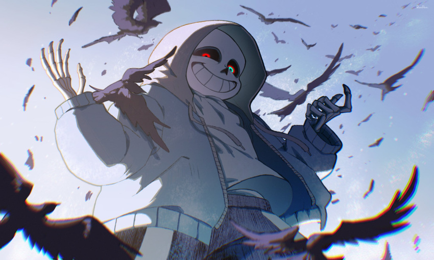 1boy, alternate_universe, bird, black_shorts, blue_jacket, crow, dusttale, forut_dondon