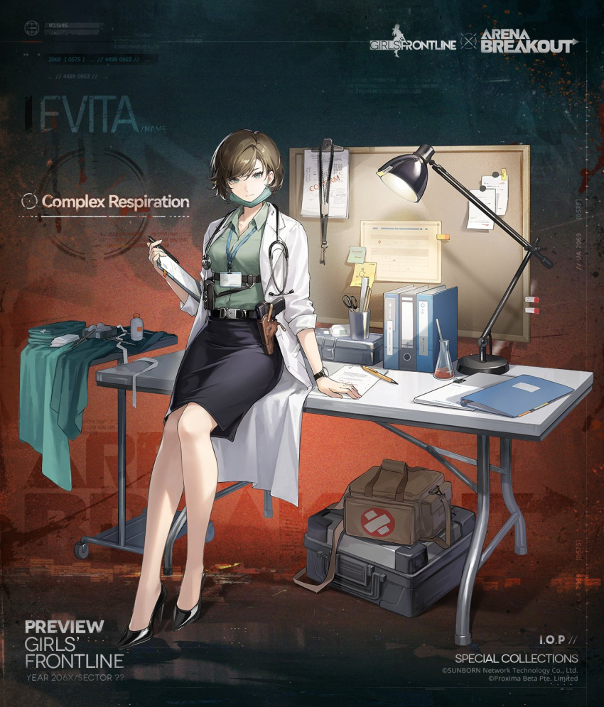 1girl, arena_breakout, blue_eyes, brown_hair, bulletin_board, character_name, clipboard, coat