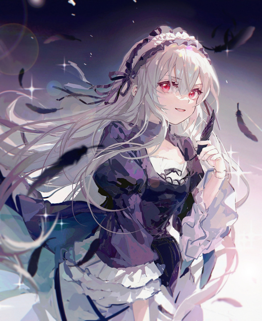 1girl, :d, absurdres, black_dress, black_feathers, chinese_commentary, commentary_request, cowboy_shot, doll_joints, dress, falling_feathers, feathers, frilled_hairband, frilled_sleeves, frills, gothic_lolita, grey_hair, guoshixing, hair_between_eyes, hairband, highres, joints, lolita_fashion, lolita_hairband, long_hair, long_sleeves, looking_at_viewer, open_mouth, puffy_long_sleeves, puffy_sleeves, red_eyes, rozen_maiden, smile, solo, sparkle, suigintou, very_long_hair, wide_sleeves