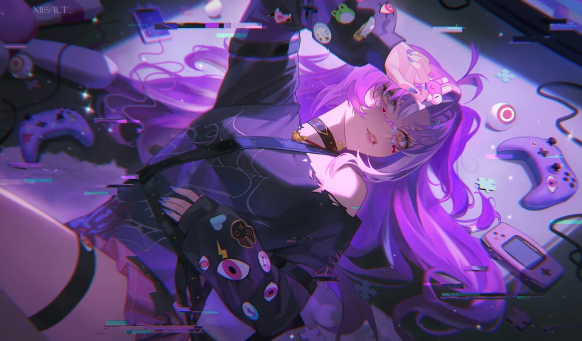 1girl, antenna_hair, artist_name, bandaid, bandaid_on_neck, belt, black_belt, black_choker