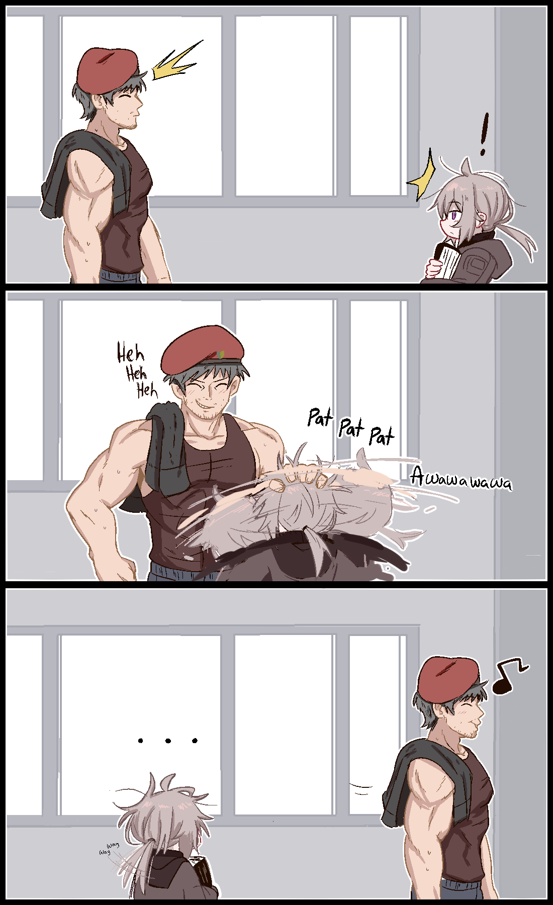 !, ..., 1boy, 1girl, beret, brown_hair, commander_(girls'_frontline), from_side