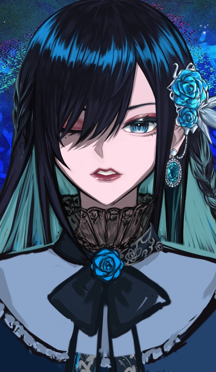 1girl, ado_(utaite), aegyo_sal, blue_eyes, blue_flower, blue_rose, braid, chando_(ado), commentary, earrings, flower, hair_between_eyes, hair_flower, hair_ornament, jewelry, linked_piercing, looking_at_viewer, met61375931, mole, mole_under_eye, one_eye_closed, open_mouth, piercing, rose, sidelocks, solo, upper_body, utaite