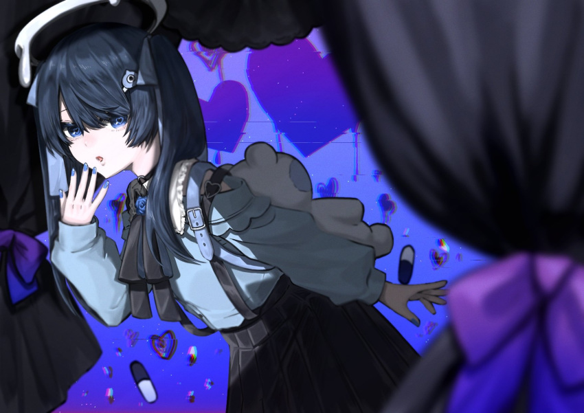 1girl, ado_(utaite), black_choker, black_hair, black_skirt, blue_eyes, blue_nails, blue_shirt