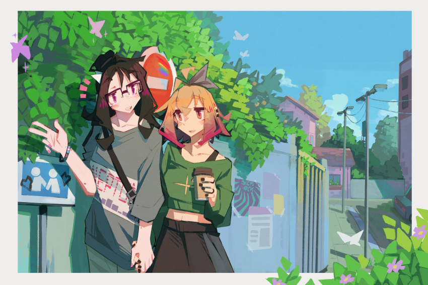 2girls, animal_ears, black_hair, black_nails, border, commentary, couple, cropped_sweater
