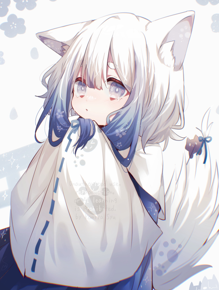 1other, absurdres, androgynous, animal_ears, blue_hair, blue_kimono, blue_ribbon, fox_ears