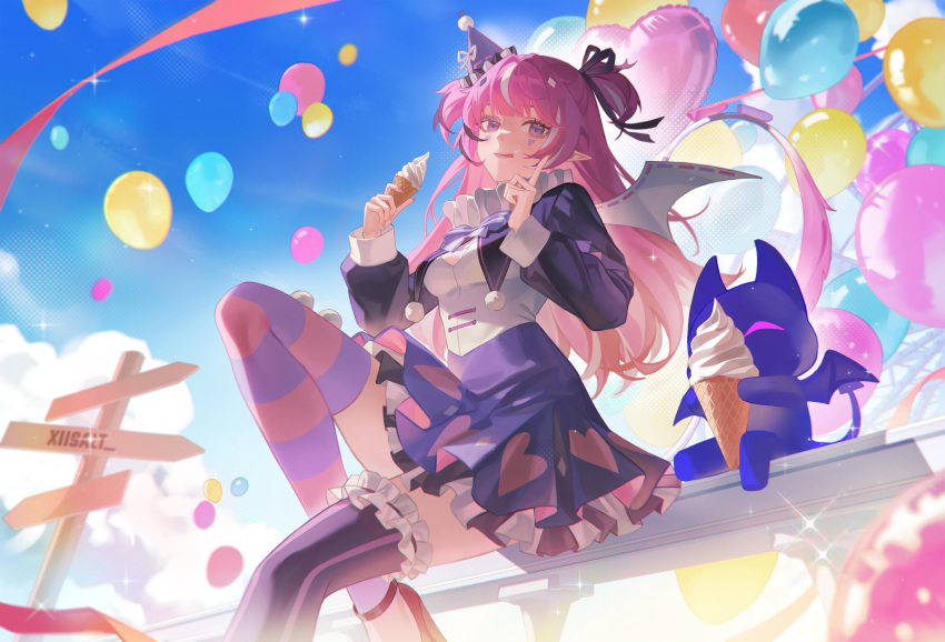1girl, :q, against_fence, balloon, black_hair, breasts, camila_(vtuber), cleavage_cutout, clothing_cutout, collar, commentary, demon_girl, demon_tail, demon_wings, direction_board, facial_mark, fence, food, food_on_face, frilled_collar, frilled_skirt, frilled_thighhighs, frills, hair_ribbon, hat, high_heels, highres, holding, holding_ice_cream_cone, ice_cream, ice_cream_cone, imp, index_finger_raised, indie_virtual_youtuber, knees_up, layered_skirt, long_hair, long_sleeves, looking_at_viewer, mismatched_thighhighs, multicolored_hair, outdoors, party_hat, pink_hair, pointy_ears, purple_shrug, purple_skirt, ribbon, shirt, shrug_(clothing), sitting, skirt, sky, sleeve_cuffs, small_breasts, solo, streaked_hair, striped_clothes, striped_thighhighs, tail, thigh-highs, tilted_headwear, tongue, tongue_out, two_side_up, violet_eyes, virtual_youtuber, white_hair, white_shirt, wings, xiisalt