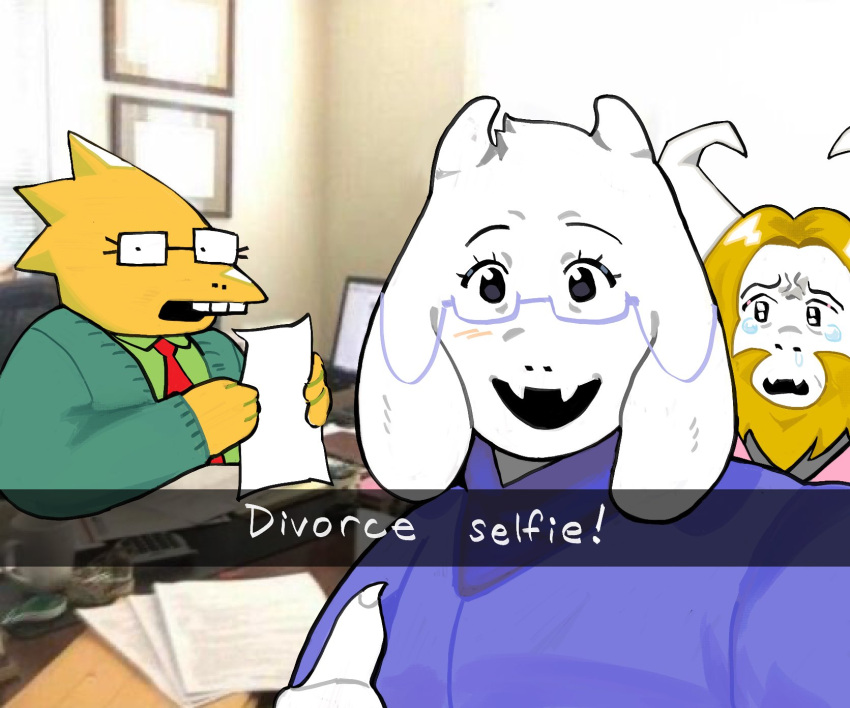 1boy, 2girls, :d, alphys, asgore_dreemurr, computer, crying, crying_with_eyes_open