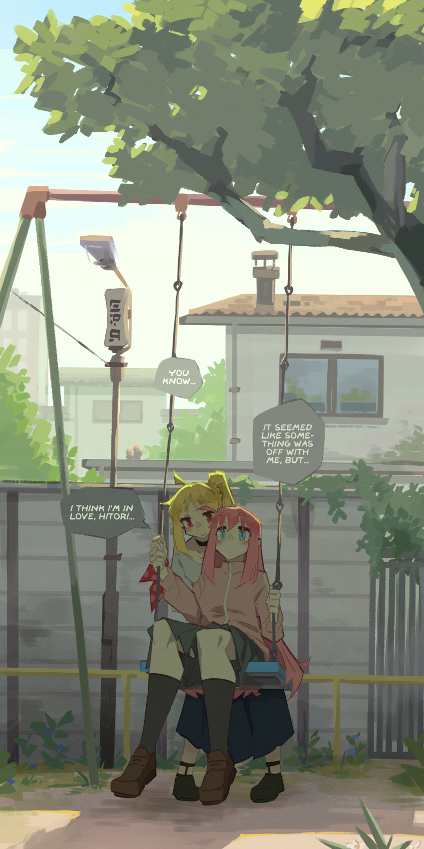 2girls, absurdres, ahoge, black_socks, blonde_hair, blue_eyes, blue_skirt, bocchi_the_rock!