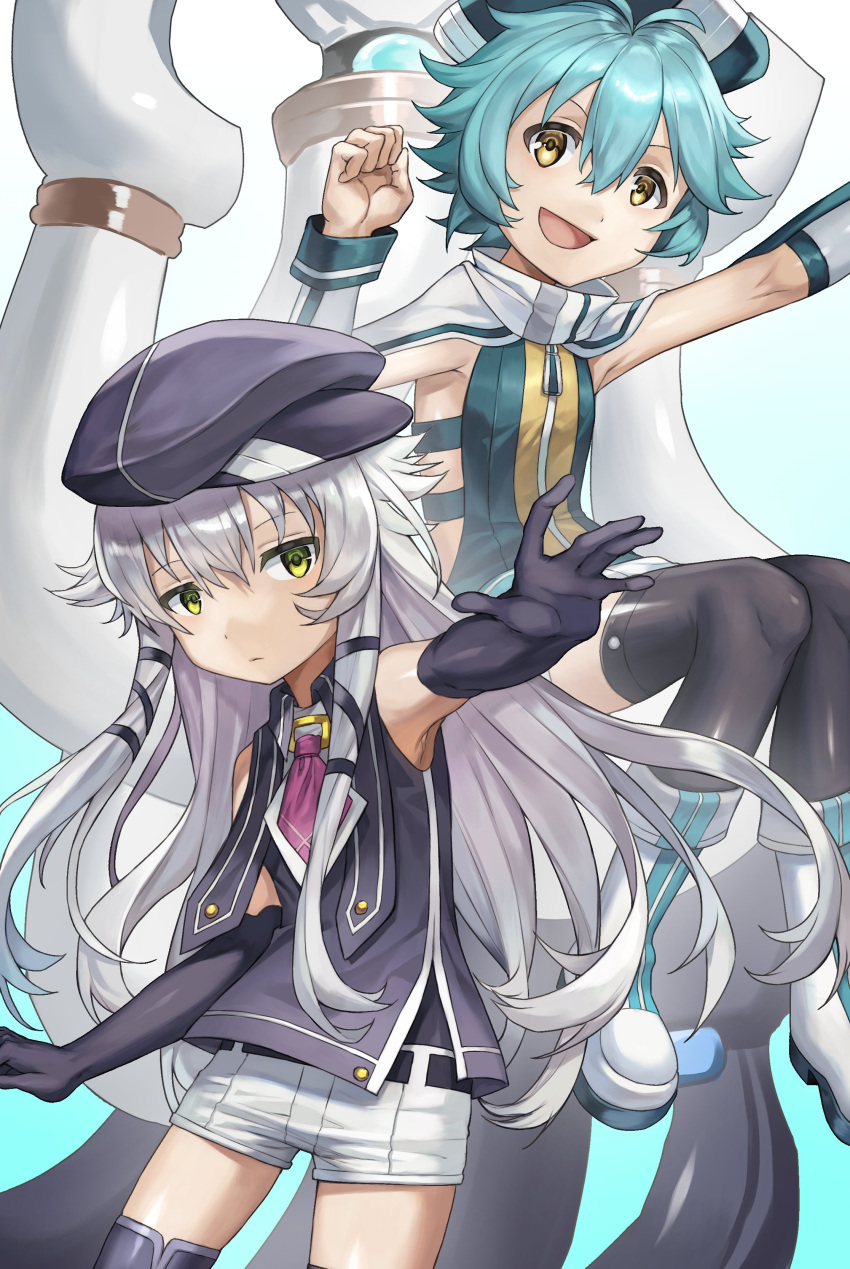 2girls, 2others, absurdres, airgetlam_(kiseki), altina_orion, beret, black_gloves, blue_background