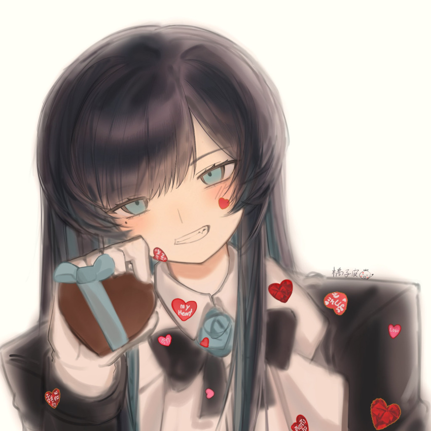 1girl, 7026jaja, ado_(utaite), black_bow, black_bowtie, black_hair, blue_eyes, blue_hair