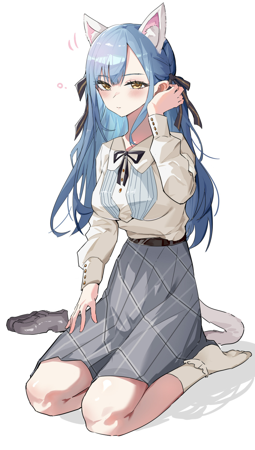 1girl, absurdres, animal_ears, bang_dream!, bang_dream!_it's_mygo!!!!!, black_ribbon, blue_hair, breasts, cat_ears, cat_girl, cat_tail, commentary, grey_skirt, hair_ribbon, highres, kemonomimi_mode, long_hair, long_sleeves, medium_breasts, neck_ribbon, no_shoes, ribbon, roro1515, shirt, sidelocks, sitting, skirt, socks, solo, tail, togawa_sakiko, tucking_hair, white_shirt, white_socks, yellow_eyes