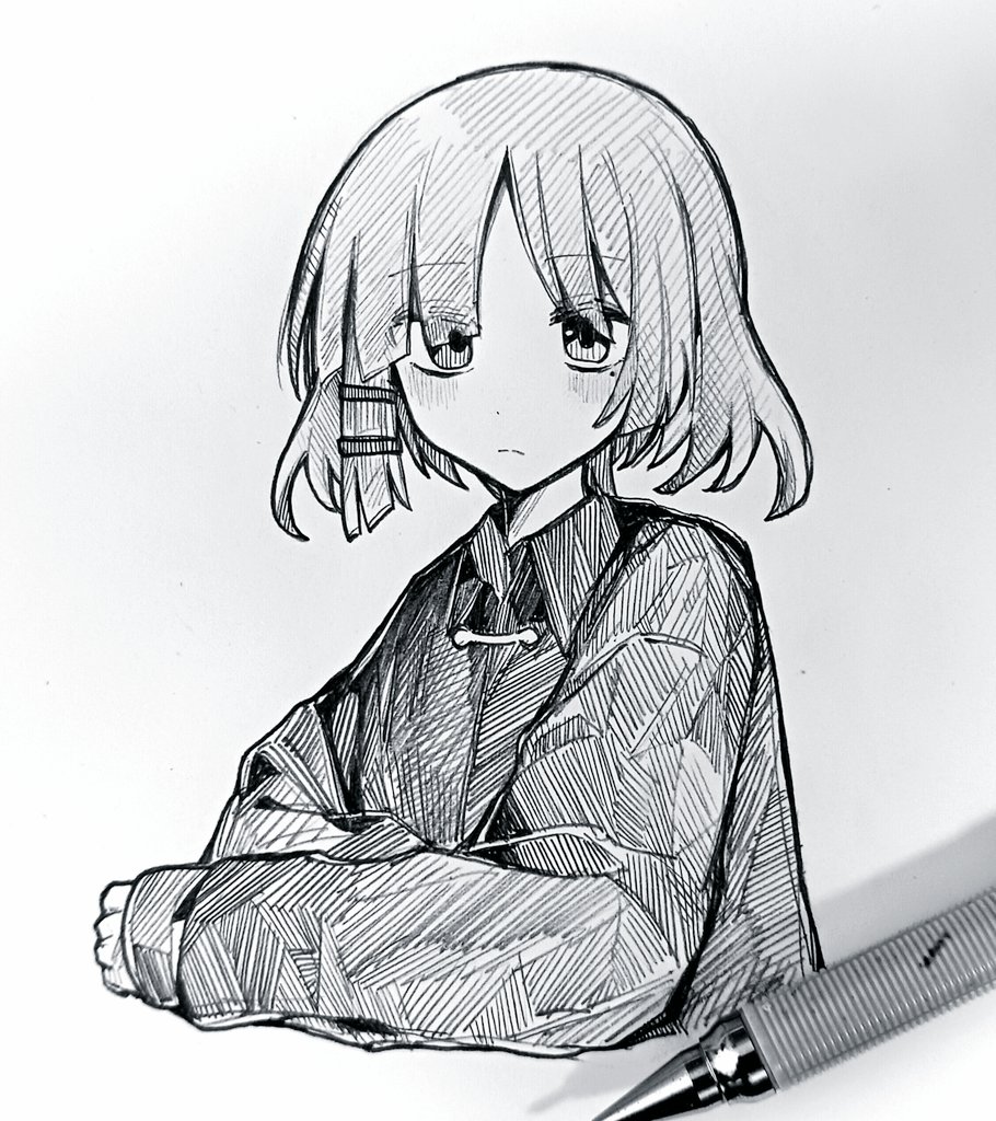 1girl, art_tools_in_frame, blush, bocchi_the_rock!, closed_mouth, commentary_request, cropped_torso, eyes_visible_through_hair