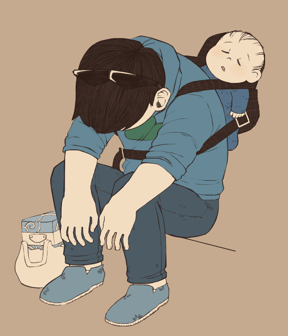 2boys, baby, bag, black_hair, blue_hoodie, blue_pants, blue_shoes, brown_background