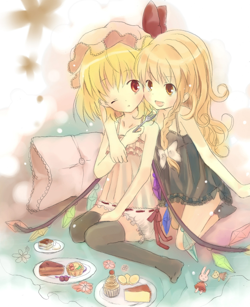 arm_around_neck, black_legwear, bloomers, braid, cake, chemise, dessert, fang, feeding, flandre_scarlet, food, fork, graphite_(medium), hat, highres, kirisame_marisa, lingerie, mixed_media, multiple_girls, okemai, pajamas, pillow, red_eyes, sitting, thighhighs, touhou, traditional_media, underwear, underwear_only, wariza, wings, wink, yuri, zettai_ryouiki
